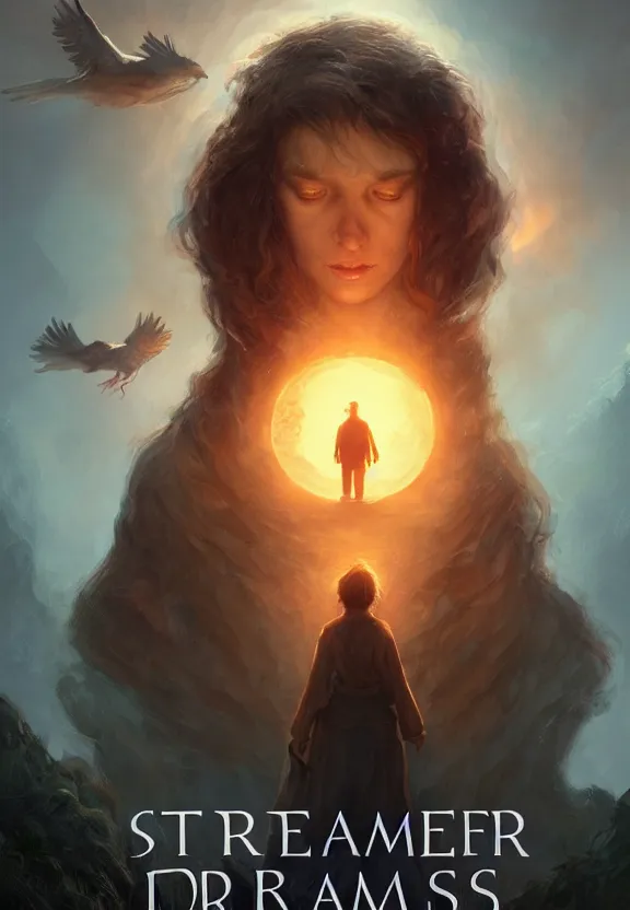 Prompt: book cover with the title on the top 'Wanderer on Dreams', the author is Stephen King, highly detailed, digital painting, artstation, smooth, sharp focus, illustration, Unreal Engine 5, 8K, art by artgerm and greg rutkowski, glowing lens flares