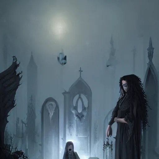 Image similar to kerli koiv the craft standing in a cemetery, gothic, darkwave, darksynth, concept art, sharp, digital matte painting, art by greg rutkowski, wlop, dramatic lighting, trending on artstation