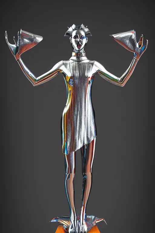 Image similar to chrome carved statue of nordic goddess symmetrical three faced in one body, metallic polished sculpture, dressed with a colorful wrapped cotton cloak, made by antonio corradini, and dug stanat macabre art, dark surrealism, epic and cinematic view, volummetric light, texturized, detailed, 8 k