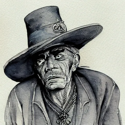 Image similar to a 3 / 4 view watercolor ink painting of old old mexican magician closes eyes, gray haired, in the style of jean giraud in the style of moebius trending on artstation deviantart pinterest detailed realistic hd 8 k high resolution