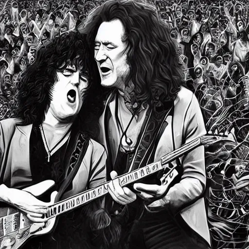 Prompt: An illustration of jimmy page and robert plant on stage in front of a huge crowd in the style of MeatCanyon, Face Portrait, hyper detailed, deviantart,