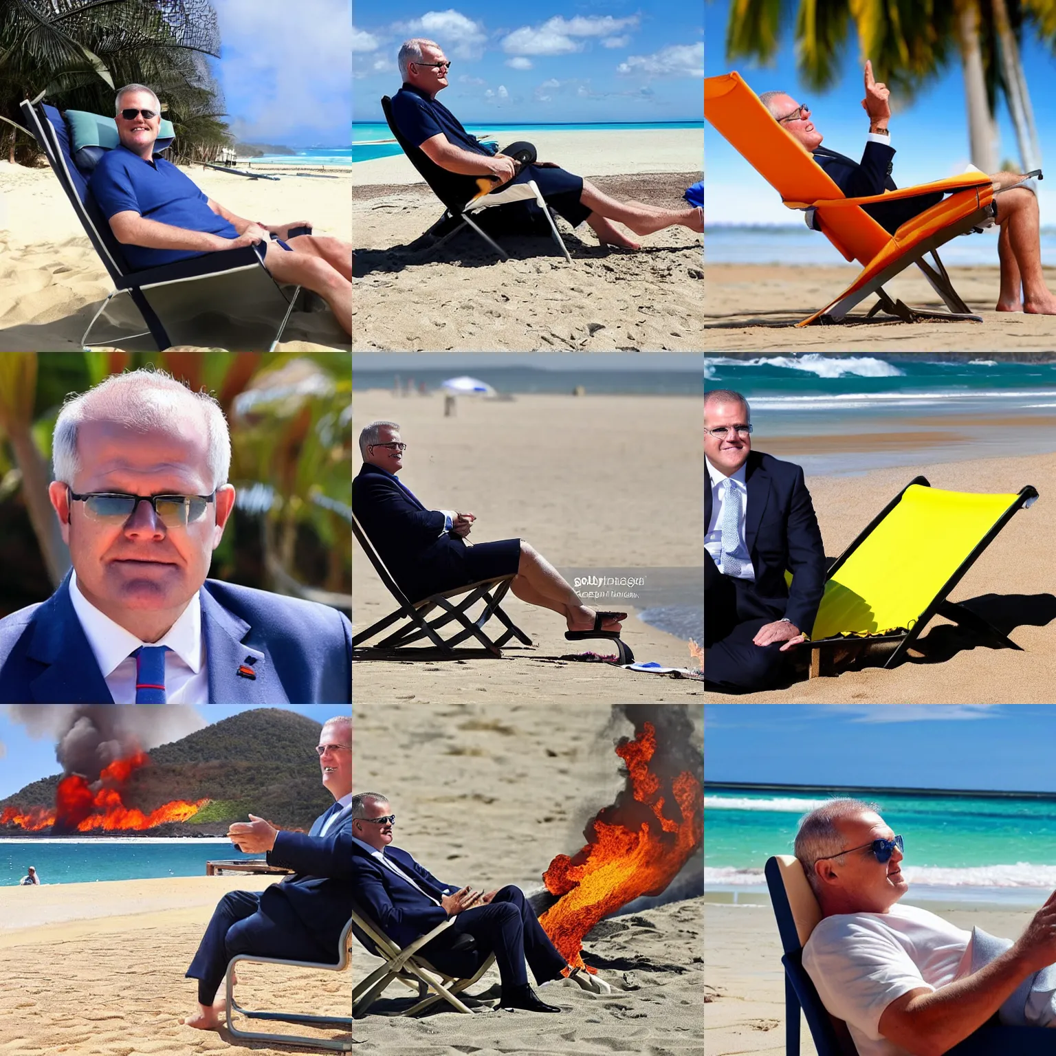 Prompt: australian prime minister scott morrison relaxing on a beach chair, background on fire, bright sunny day, sandy beach