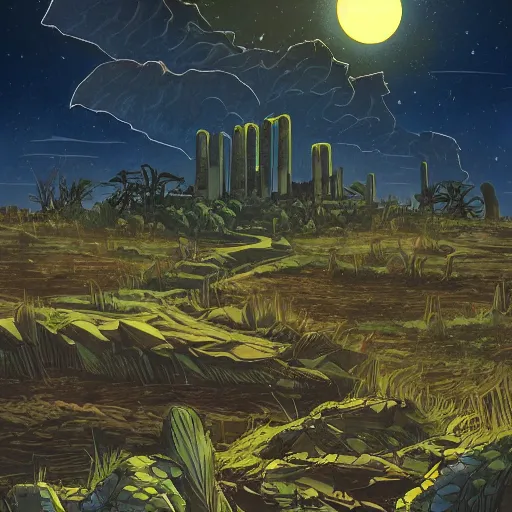 Image similar to Landscape of a desolate land, ruins of a civilization of the future, vegetation on the ruins, night sky with storm, the dark sun, illustrated by Patrick Gleason, detailed art, artstation, comic art