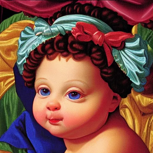 Prompt: baroque rococo painting of an infant portrait Greg Hildebrandt Lisa Frank high detail