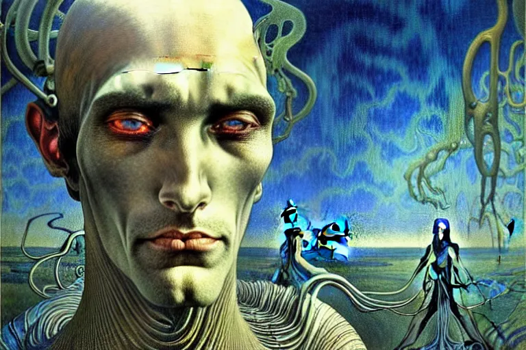 Image similar to realistic extremely detailed portrait painting of an elegantly creepy vampire man in cape, futuristic sci-fi landscape on background by Jean Delville, Amano, Yves Tanguy, Alphonse Mucha, Ernst Haeckel, Edward Robert Hughes, Roger Dean, rich moody colours, blue eyes