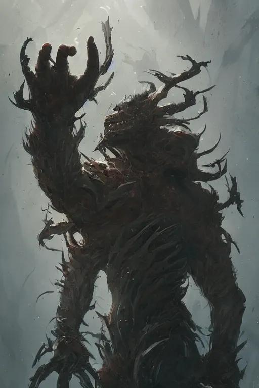 Image similar to a man with many arms, hand instead of a face, human hands, sinister, fantasy boss battle, character art by Greg Rutkowski