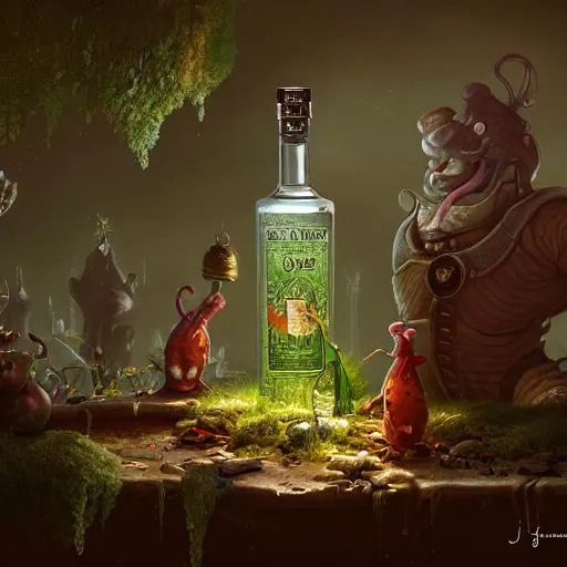 Prompt: A bottle of Gin, filled with tiny creatures, garden, summer, 8k resolution matte fantasy painting, cinematic lighting, DeviantArt, Artstation, Jason Felix Steve Argyle Tyler Jacobson Peter Mohrbacher