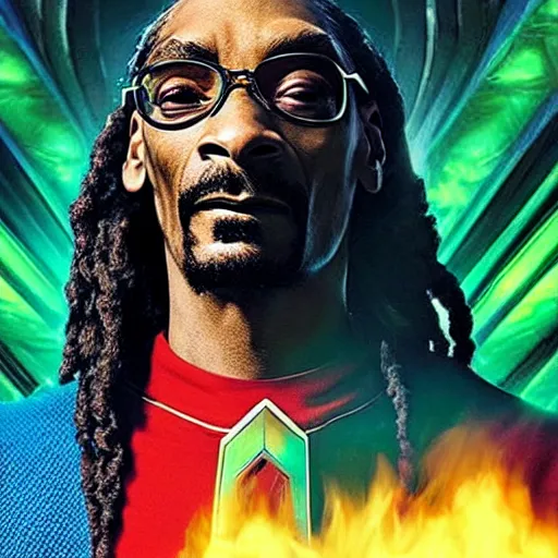 Image similar to Snoop Dogg starring as a futuristic Marvel Super Hero holding green fire for a 2019 Marvel Movie poster, epic portait