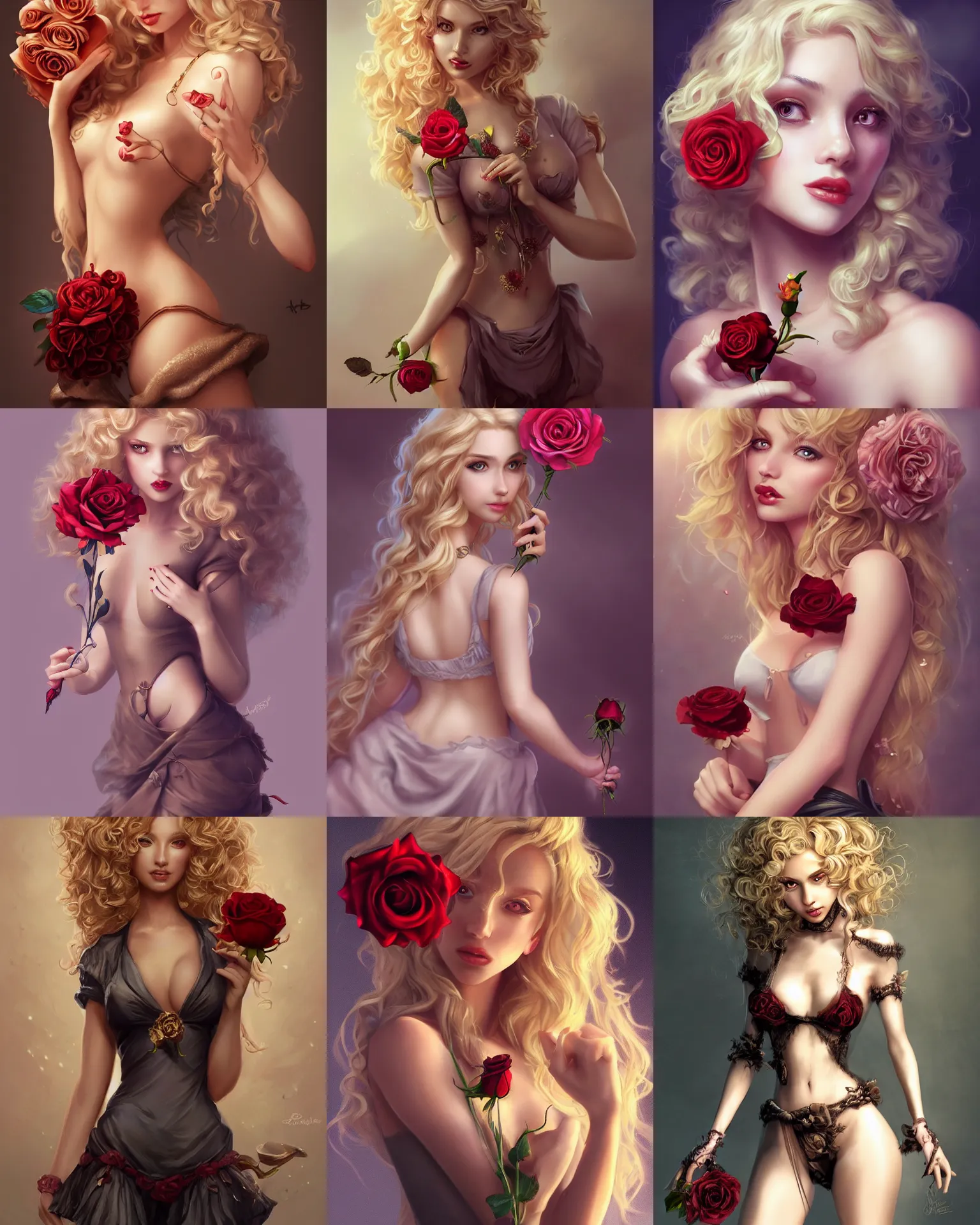 Prompt: beautiful mouse - girl, blonde curly hair, holding a rose, dark fantasy, feminine figure, gorgeous, pretty face, beautiful body, revealing outfit, high detail, tempting, realistic, cgsociety, artgerm, trending on artstation