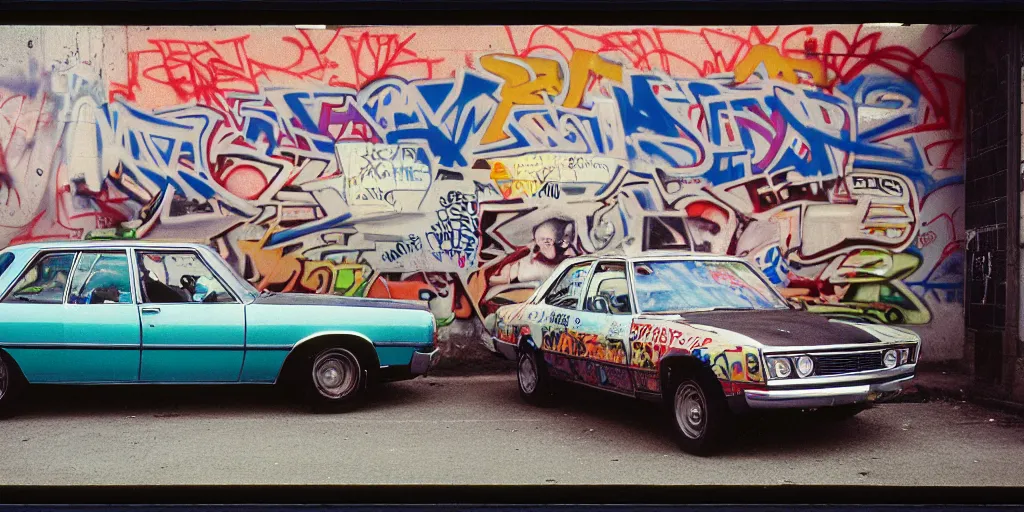 Image similar to bronx, gang in the 7 0 s car, closeup graffiti on the wall, coloured film photography, 3 5 mm film, bruce davidson photography, willy spiller photography