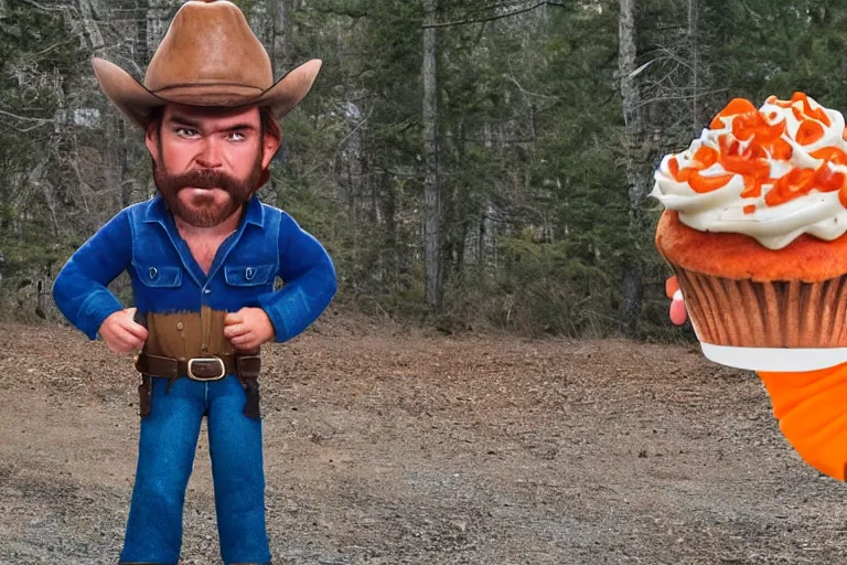 Prompt: film still of the main character brawny burly surly cowboy standing holding a cupcake with orange frosting in the outdoor scene in an action movie posing for the camera 2 0 2 0, 4 k wild west