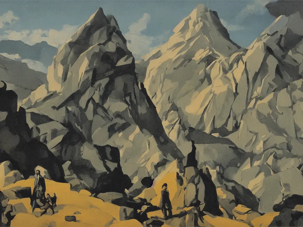 Image similar to scene with figure in the mountains. painting by neo rauch