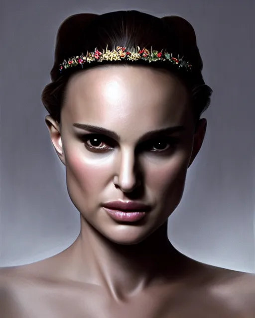 Image similar to Natalie Portman, wearing devil horns headband, very detailed portrait, ultrarealistic, dramatic lighting, electrical details, high details, 4k, 8k, best, accurate, trending on artstation, fur, artstation, photorealism, ultrarealistic, digital painting, style of Dali, Caravaggio, Boris Vallejo