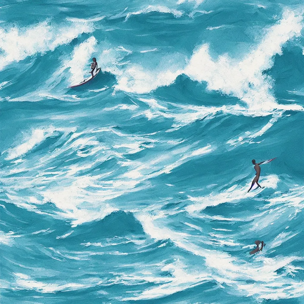 Prompt: “ a person is swimming and scared of getting crushed by a very big wave. a second person is surfing. digital art, cheerful, hawaii, blue sky ”