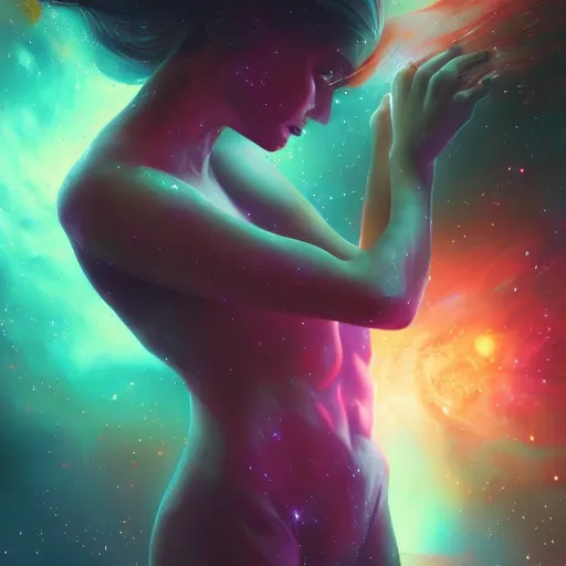 Image similar to The soul detaching from the body, in the universe, space, cosmic, galaxy, nebula, highly detailed, digital painting, artstation, concept art, sharp focus, cinematic lighting, illustration, cgsociety