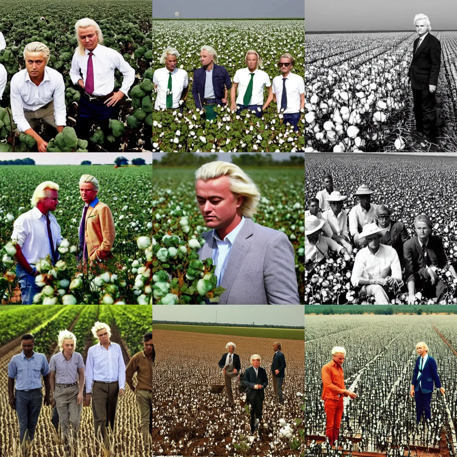 Prompt: geert wilders working in the cotton fields with fellow colleagues, in the style of Wes Anderson