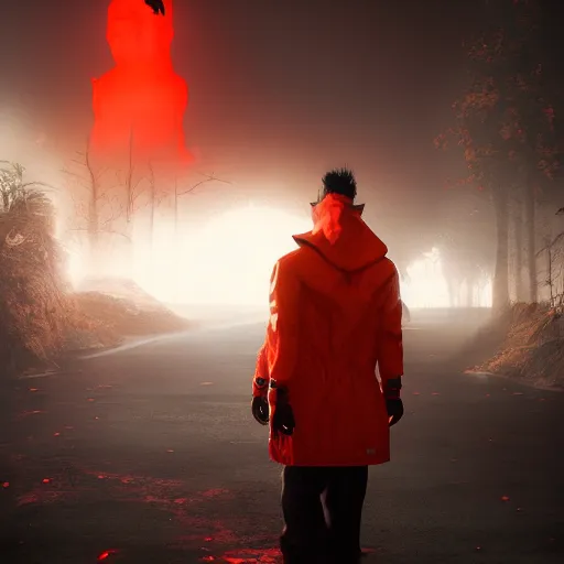 Image similar to villain wearing a red oni mask, orange jacket, dark background, unreal engine 5, ultra realistic, detailed, fog, volumetric lighting, by greg rutkowski,