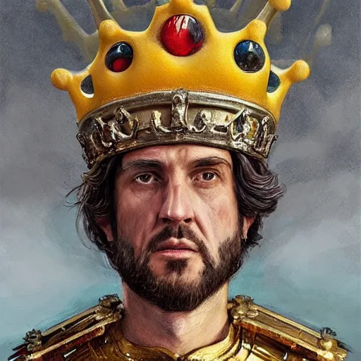 Image similar to spongebob as a king on a thrown wearing a crown, closeup portrait art by donato giancola and greg rutkowski, digital art, trending on artstation, symmetry!!