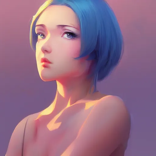 Prompt: ilya kuvshinov with long sky blue hair, gold eyes, boyish face, professional digital painting, concept art, ultra sharp, 8 k, cinematic, wlop, color block, in the background, art by greg rutkowski, pixiv art, art nouveau, yoshitaka amano