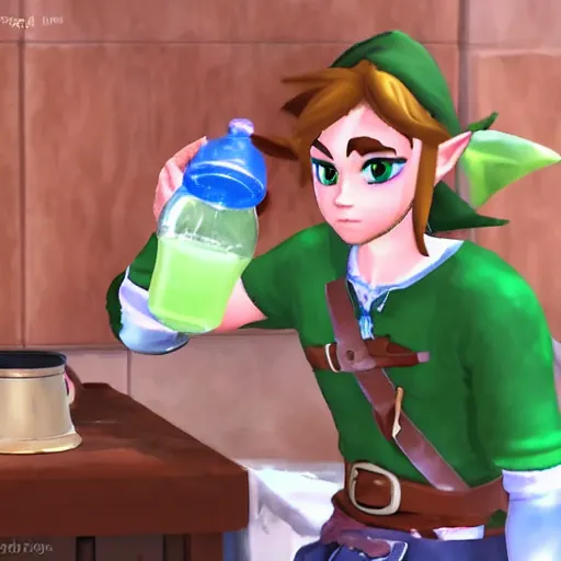 Prompt: link aggressively drinks milk from a bottle, legend of zelda