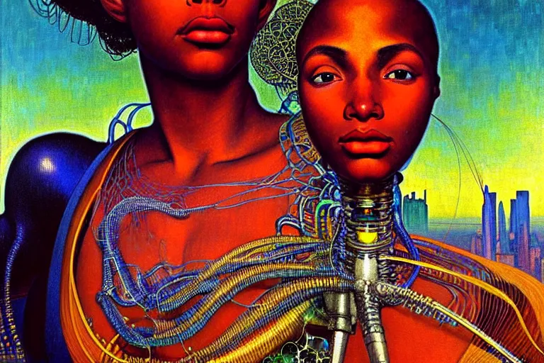Image similar to realistic extremely detailed closeup portrait painting of a beautiful black woman in a dress with supercomputer robot, city street on background by Jean Delville, Amano, Yves Tanguy, Ilya Repin, Alphonse Mucha, Ernst Haeckel, Edward Hopper, Edward Robert Hughes, Roger Dean, rich moody colours
