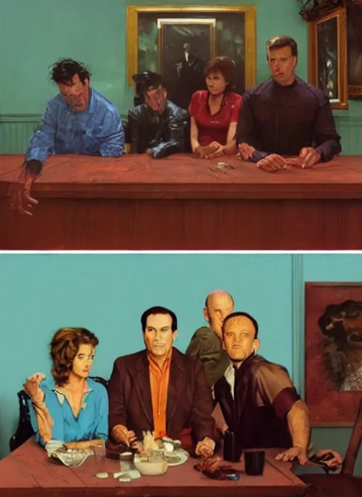 Image similar to a still from the tv series seinfeld and a still from the film avengers : infinty war of francis bacon and norman rockwell and james jean, a still from the movie godfather by mark brooks, triadic color scheme, by greg rutkowski, syd mead and edward hopper and norman rockwell and beksinski, dark surrealism, orange and turquoise