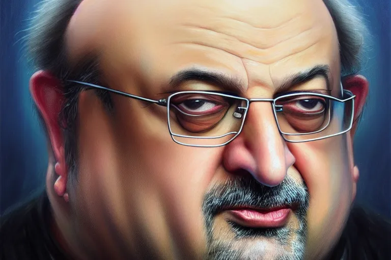 Prompt: poster portrait of salman rushdie. oil painting elegant, highly detailed, centered, digital painting, artstation, bollywood, india, concept art, smooth, sharp focus, illustration, artgerm, tomasz alen kopera, peter mohrbacher, donato giancola, joseph christian leyendecker drew struzan