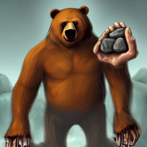 Prompt: fantasy digital art of an evil bear with human hands and fingers holding rocks.