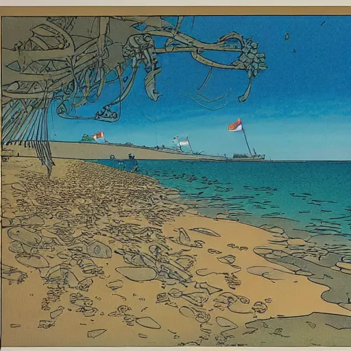 Image similar to a singaporean beach, by moebius