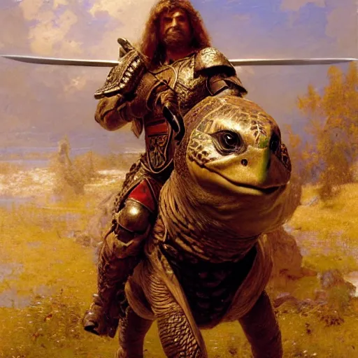 Prompt: an animatronic turtle barbarian fighter with a sword and shield, highly detailed painting by gaston bussiere, craig mullins, j. c. leyendecker, 8 k