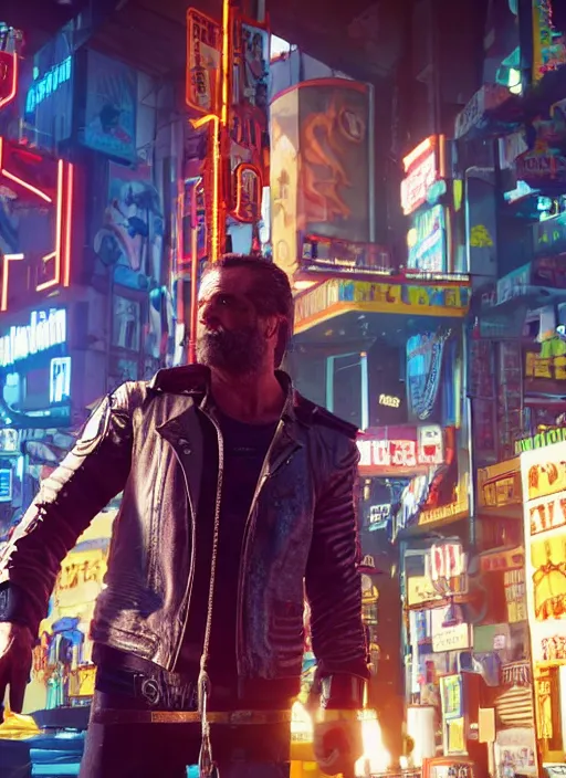 Prompt: film still of Mel Gibson as Johnny Silverhand in Cyberpunk 2077, gameplay, 8k, HD