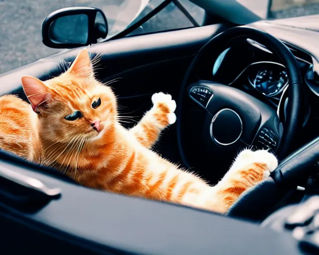 Image similar to top view of convertible, cat sitting in driver seat with paws on steering wheel, golden hour