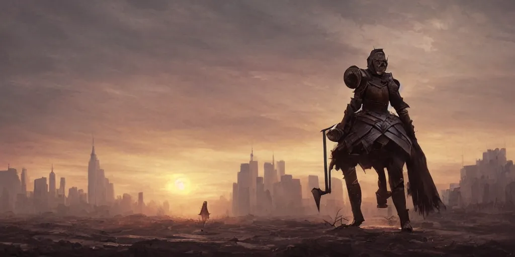 Image similar to a female knight, newyork is a wasteland, sunset in background, muted colours, breathtaking, sharp focus, smooth, greg rutkowski, highly detailed 4 k art