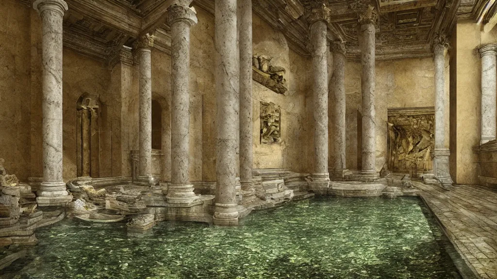 Image similar to roman bath, marblefloor, golden snakes, mossy pillar, ruin, godrays, cgsociety,