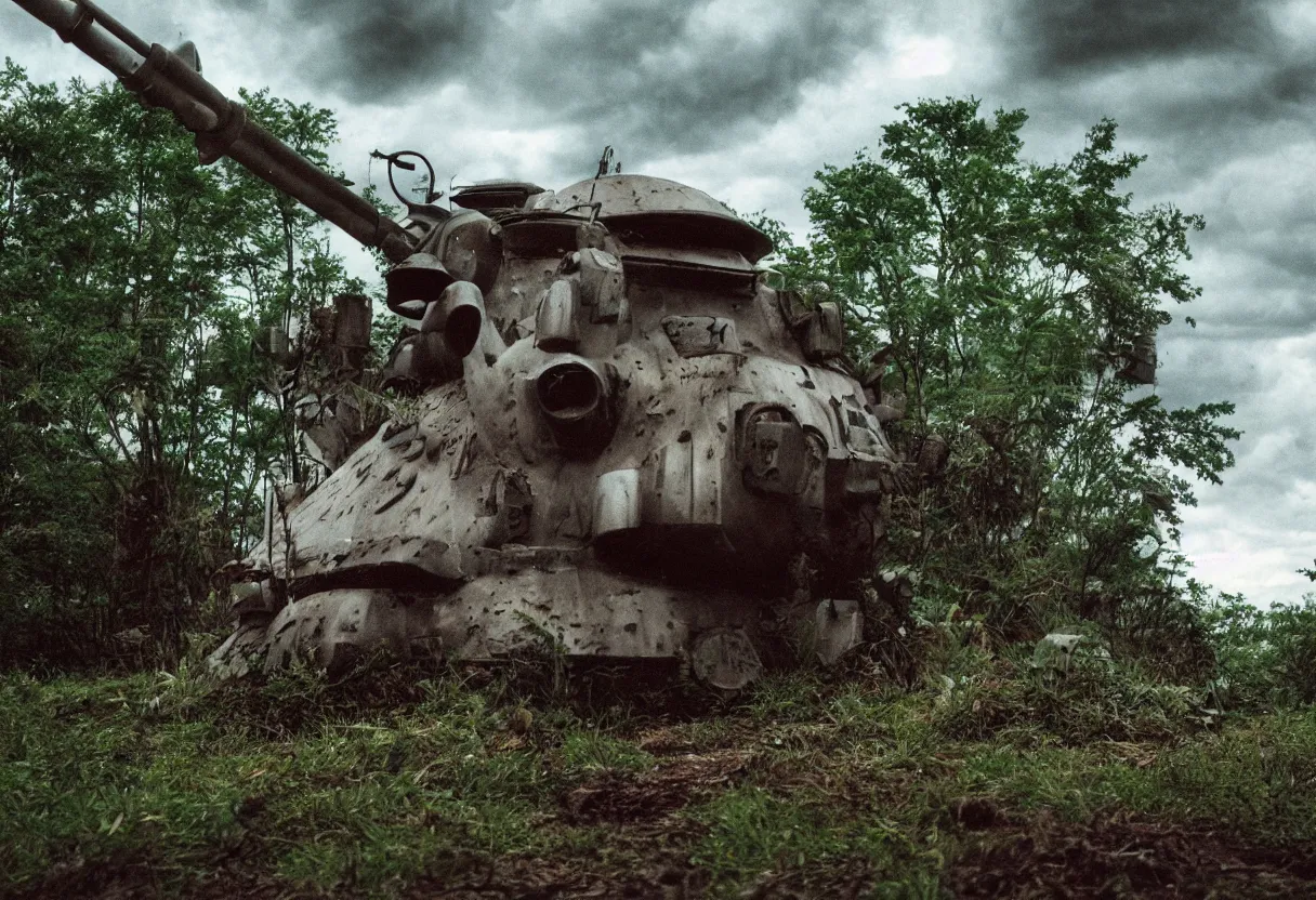 Image similar to my neighbor totoro looks like a simple tank, post apocalyptic style. fox holes. colorized, shot on film, wide angle, stormy sky, trees