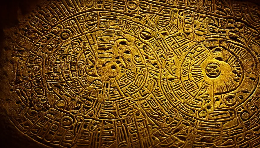 Prompt: hieroglyphs showing ufos alien planets, gold plate render, various refining techniques, micro macro auto focus, top photography photo art gallery, realistic photo, insane detail