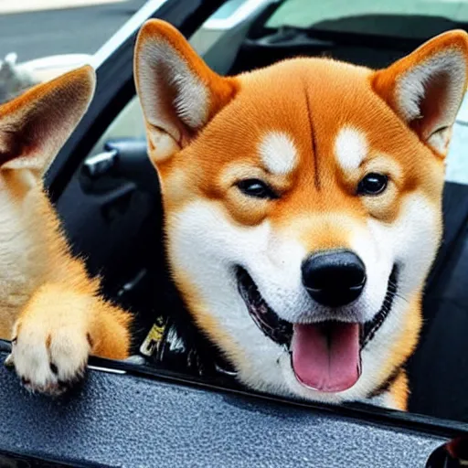 Prompt: a photo of a shiba inu driving a pickup truck is given a speeding ticket by a k 9 dog cop for speeding in the highway