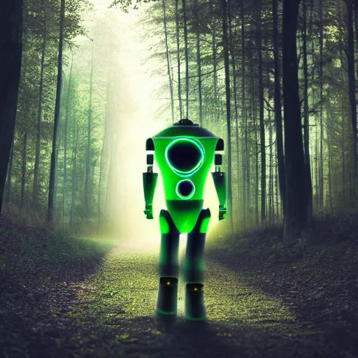 Prompt: Neon realistic robot following unknown blurry man in the woods, dark, highres, high detail