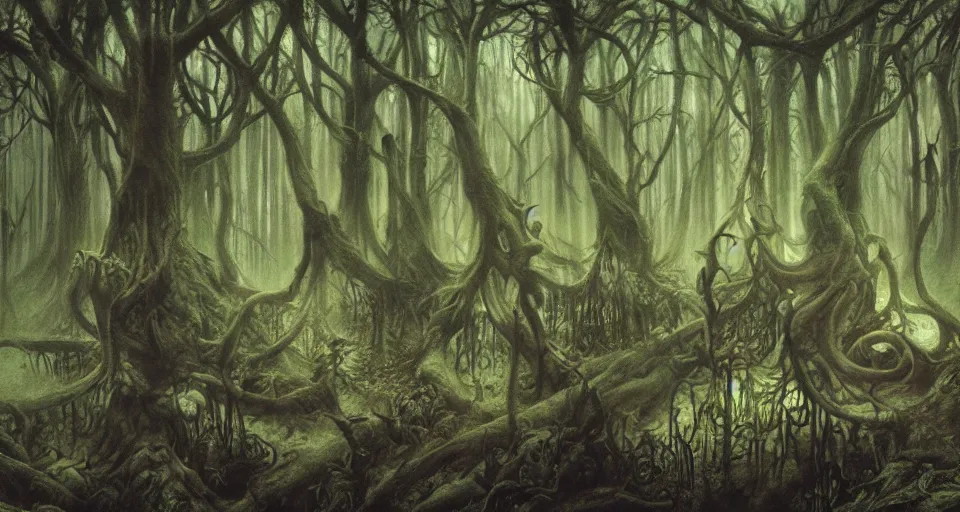 Image similar to A dense and dark enchanted forest with a swamp, by Brian Froud