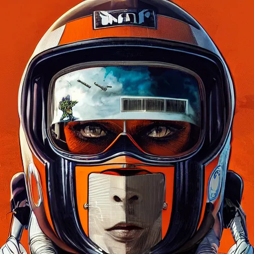 Image similar to a portrait of a monster, in an orange racing helmet by sandra chevrier, detailed render, epic composition, cybernetics, 4 k realistic, cryengine, realistic shaded lighting, sharp focus, masterpiece, by matteo scalera, gary montalbano, peter elson in the style of the tokyo ghost comic