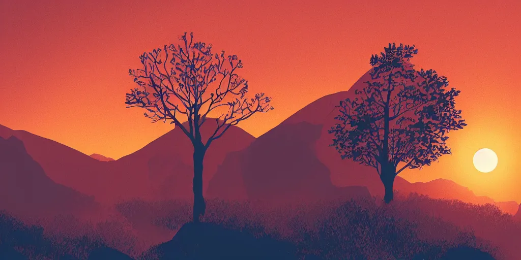 Prompt: a minimalist picture of a beautiful landscape, trees, stream, sunset, mountains, vector art, by petros afshar