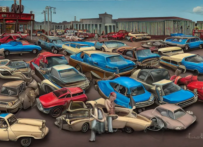 Image similar to car lot, lowbrow, matte painting, 3 - d highly detailed, in the style of mark ryden,
