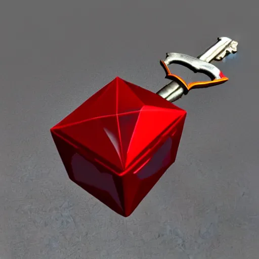 Prompt: a 3d game object of the metal key, very realistic, with large red diamond in it, it is very detailed, on the white background, rpg game inventory item