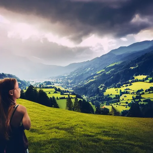 Image similar to a beautiful photograph of a girl with switzerland landscape in the background with trees, hdr, 8 k, high quality, sharp focus, artstation, highly detailed, award - winning, dramatic lighting, beautiful clouds, and nature