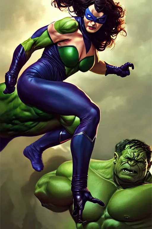 Image similar to clear portrait of a superhero concept between catwoman and hulk, cottagecore!!, background hyper detailed, character concept, full body, dynamic pose, intricate, highly detailed, digital painting, artstation, concept art, smooth, sharp focus, illustration, art by artgerm and greg rutkowski and alphonse mucha