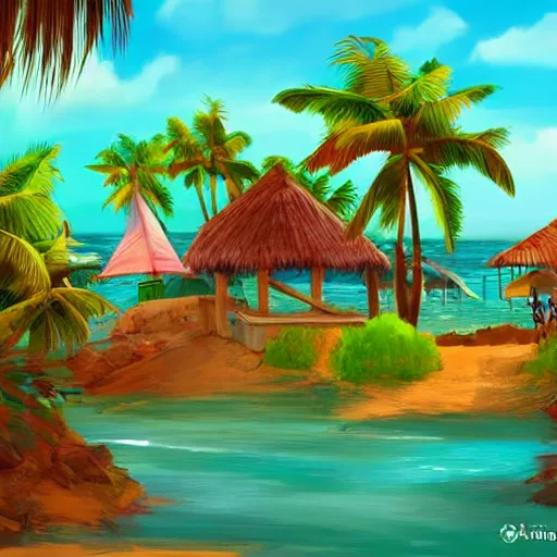 Prompt: a village on a tropical island, very colorful, beach, palms, trending on artstation