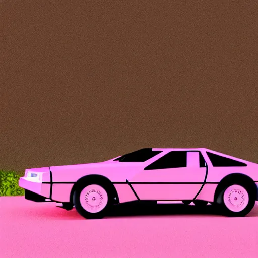 Image similar to primitive, low polygon render of a pink delorean in the jungle