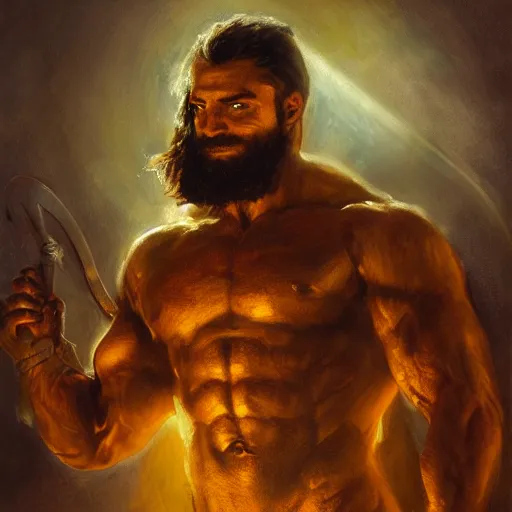 Prompt: handsome portrait of a spartan guy bodybuilder posing, radiant light, caustics, war hero, dark souls, by gaston bussiere, bayard wu, greg rutkowski, giger, maxim verehin