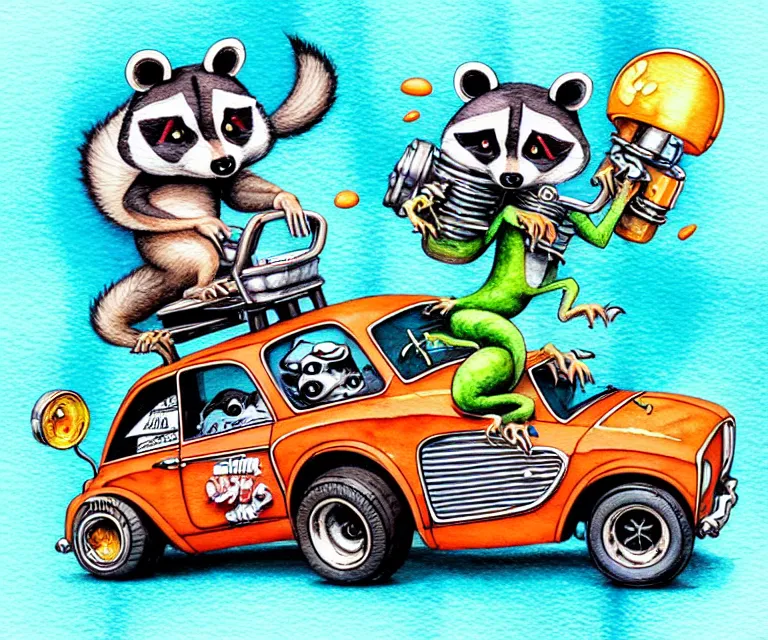 Image similar to cute and funny, racoon driving a tiny hot rod with an oversized engine, ratfink style by ed roth, centered award winning watercolor pen illustration, isometric illustration by chihiro iwasaki, edited by craola, tiny details by artgerm and watercolor girl, symmetrically isometrically centered