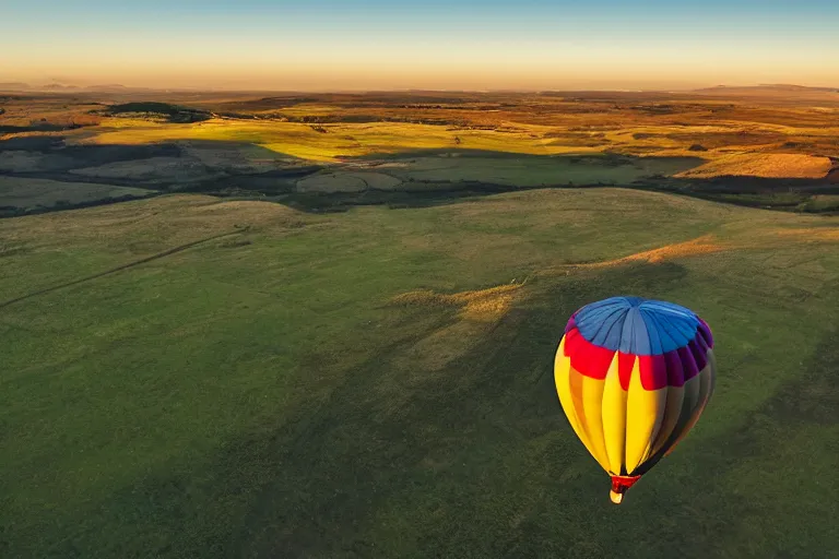 Prompt: aerial photography, scotland, hot air balloon shaped like a hamburger, dusk